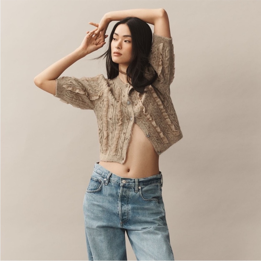 Maeve Ruffled Embellished Short Sleeve Cardigan Sweater Sparkle Anthropologie XL - Picture 6 of 16